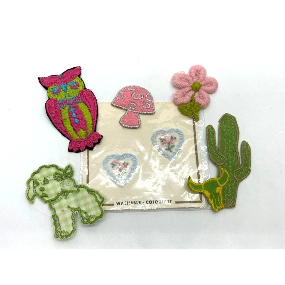 Vintage 60's Hippy Lot of‎ 7 Patches Owl Flower Mushroom Lamb Cactus & Hearts